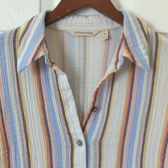 Soft Surroundings Colorful Striped Gauze Tied Quarter Sleeve Button Down Top XSP - Picture 2 of 10